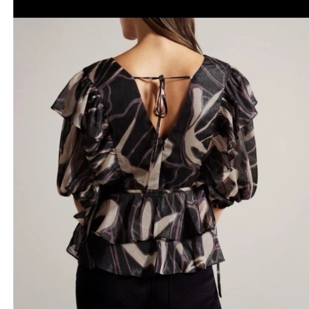 Ted Baker London Jasmuna Abstract mRuffle Peplum Blouse Metallic Black Tan 0/US